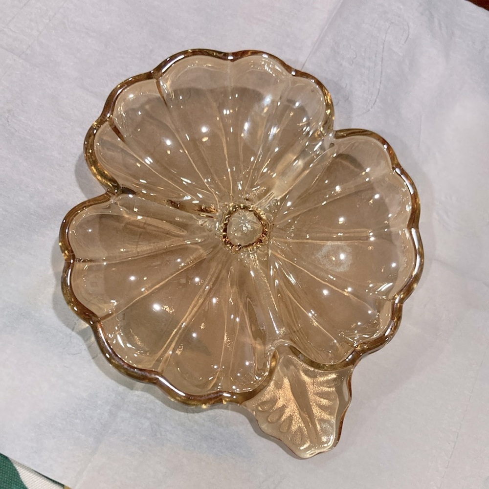 Retro Jeanette Glass dish 3 leaf clover amber candy dish